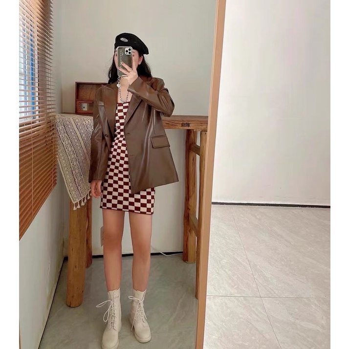 ÁO KHOÁC BLAZER VEST ĐEN + NÂU CHẤT DA LEATHER LOẠI CAO CẤP, HAI LỚP LÓT #D23