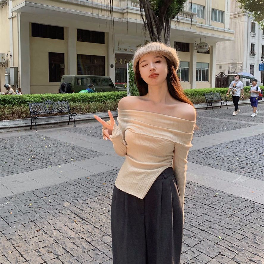 Áo thun COZOKC tay dài trễ vai dáng ôm thiết kế lệch tà quyến rũ