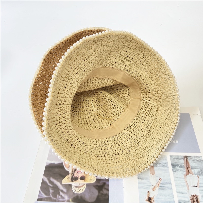 Mũ cói (Nón cói) móc tay vintage đính hạt viền siêu xinh (SH35)