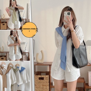 Áo sơ mi trắng cộc tay phôi dây buộc cổ kiểu dáng hàn quốc - SM075