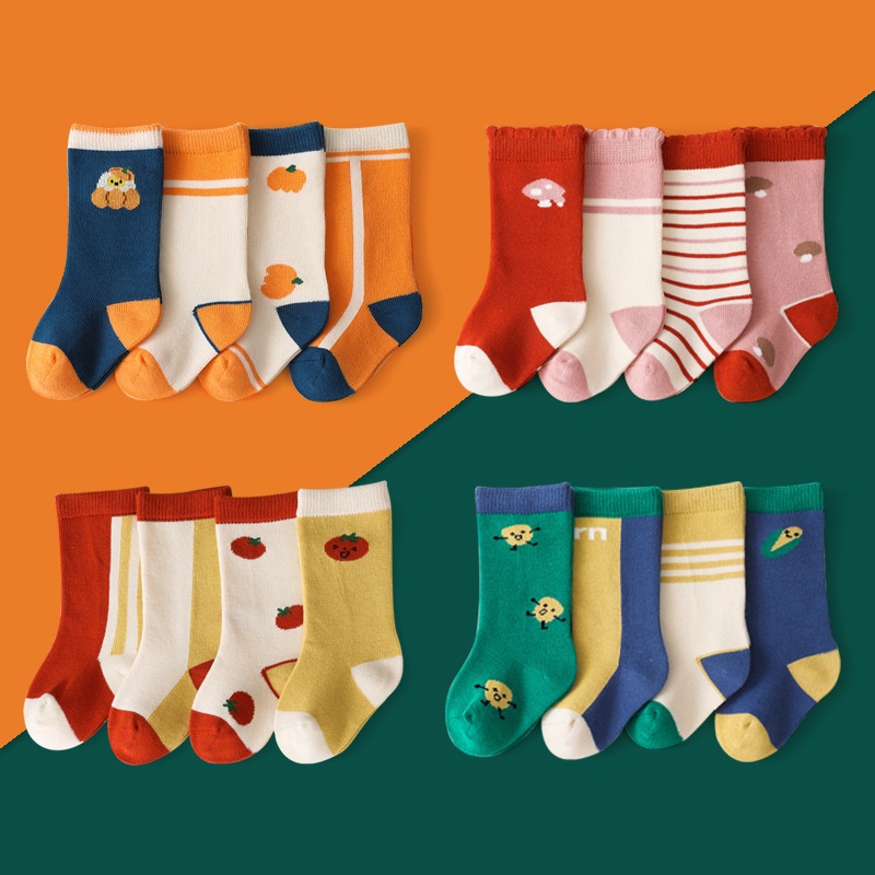 Bộ 4 đôi vớ KOKOROCARE YS-03 vải cotton ống cao vừa phải họa tiết bí ngô màu cam xanh dương S/M/L/XL cho bé 0-8 tuổi