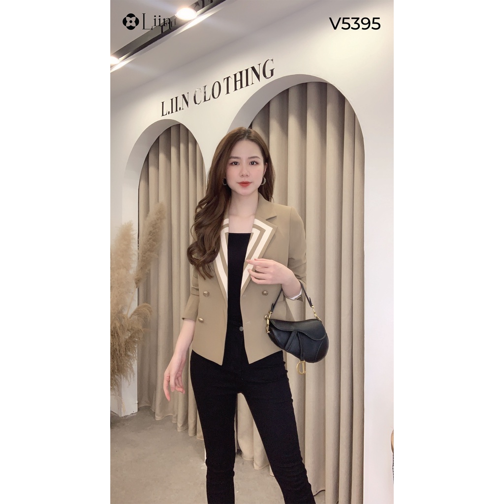 Áo vest nữ công sở cao cấp màu nâu mix viền trắng sang trọng Liin Clothing V5395