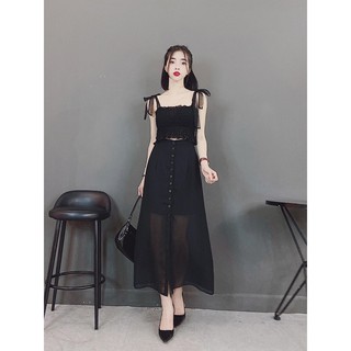 Sét đầm voan áo hai dây voan nhún kết hợp đầm xòe phối nút phong cách TTSA0199