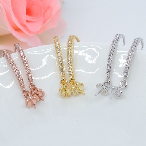 [B4T2] Phụ kiện trang sức (DIY) - Cặp (2) bông tai bạc trống hạt kiểu móc nạm 13v đá Zirconia mẫu tự làm