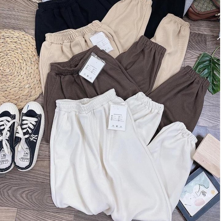 Quần jogger nhung tăm nữ bo chun ống rộng cao cấp, đủ size S đến XL - Quần boom nữ thể thao nhung tăm