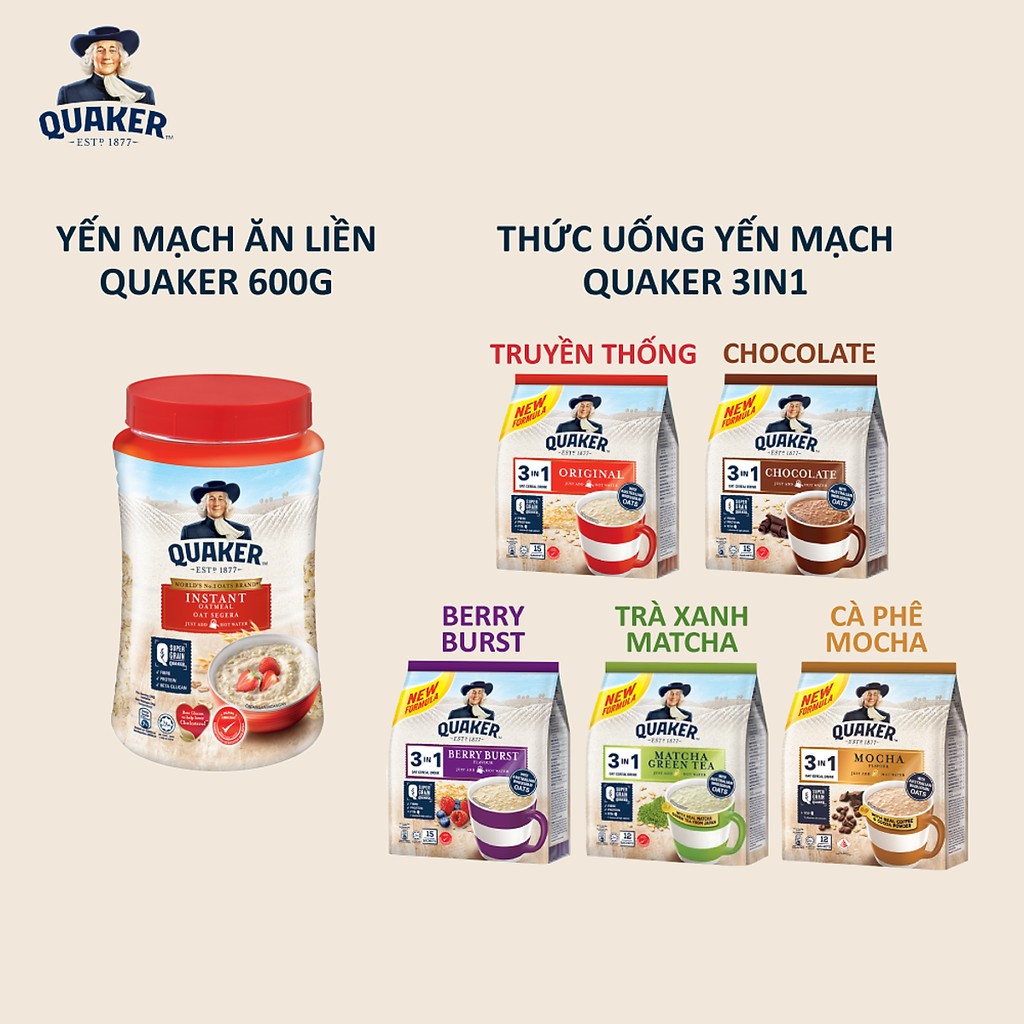 Combo 3 Thức Uống Yến Mạch Quaker gồm 1 Hũ Ăn Liền 600g + 1 Gói 3in1 Vị Matcha Trà Xanh + 1 Gói 3in1 Vị Truyền Thống