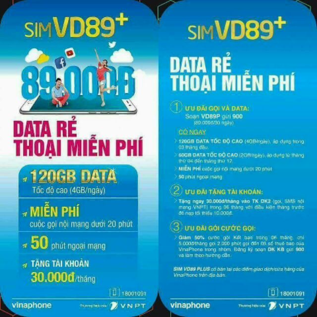 Sim VINAPHONE VD89Plus 120gb/tháng miễn phí gọi