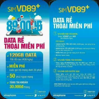 Sim VINAPHONE VD89Plus 120gb/tháng miễn phí gọi