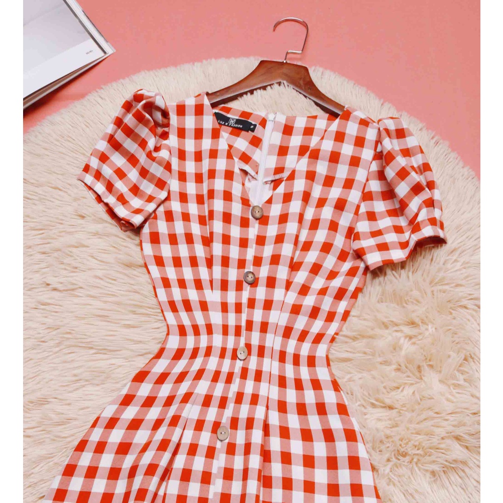 Đầm caro đỏ công sở thiết kế xòe cổ v đẹp tay ngắn thời trang trẻ trung thanh lịch đi làm đi chơi cho nàng bánh bèo