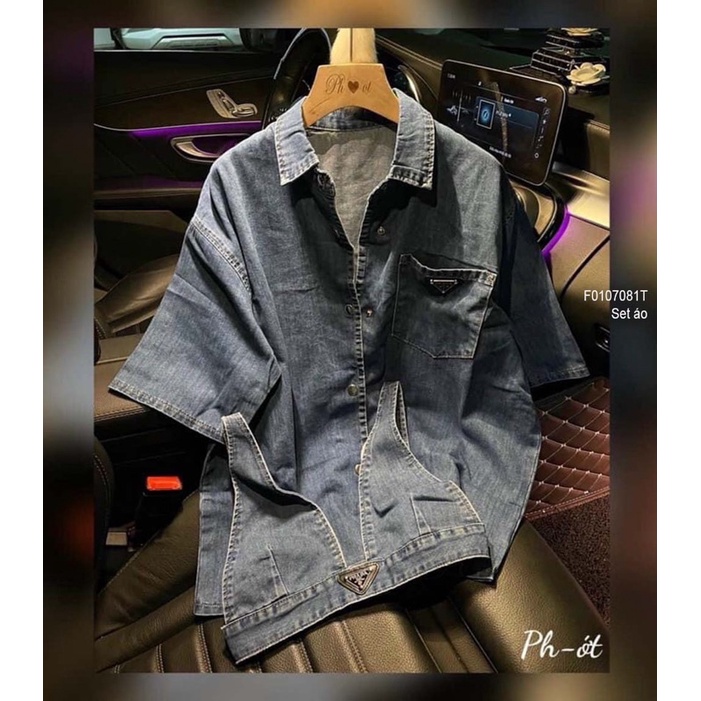 Set cặp áo jean xanh áo sơ mi áo bra