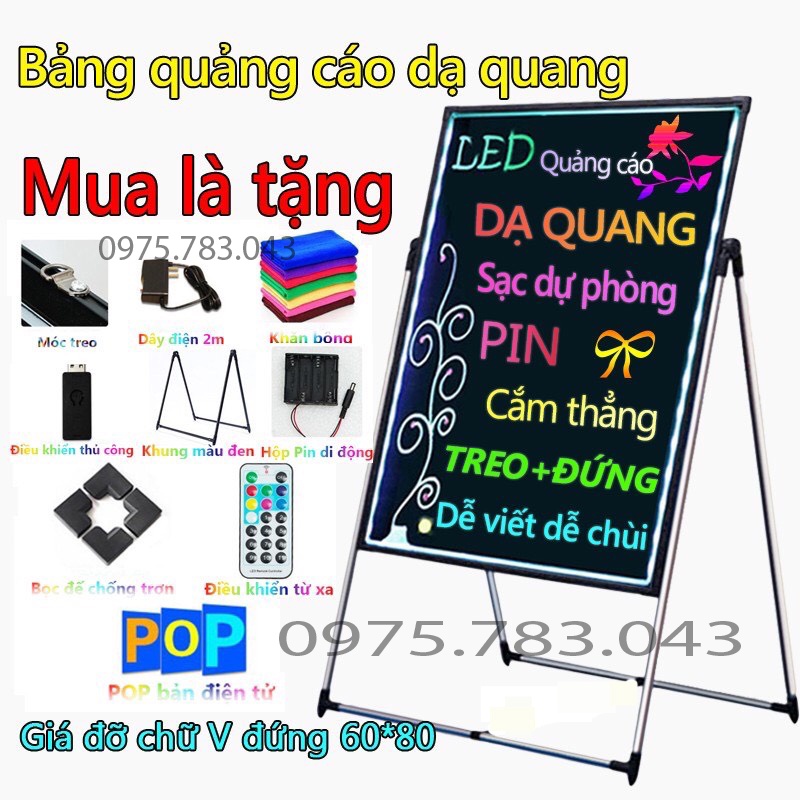 - Bảng Led Huỳnh Quang, Bảng Viết Dạ Quang 60x80cm ( Tặng kèm chân giá + 10 bút + Điều khiển + khăn lau)