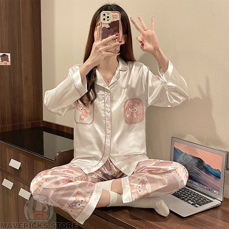Bộ Đồ Ngủ Tay Dài Vải Lụa Mát Thời Trang Xuân Thu Cho Nữ