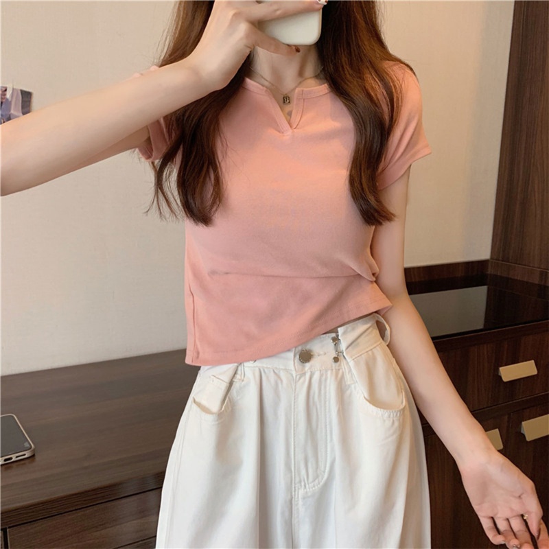 Áo Thun Crop Top Tay Ngắn Cổ Chữ V Màu Trơn Đơn Giản Thời Trang Mùa Hè Dành Cho Nữ