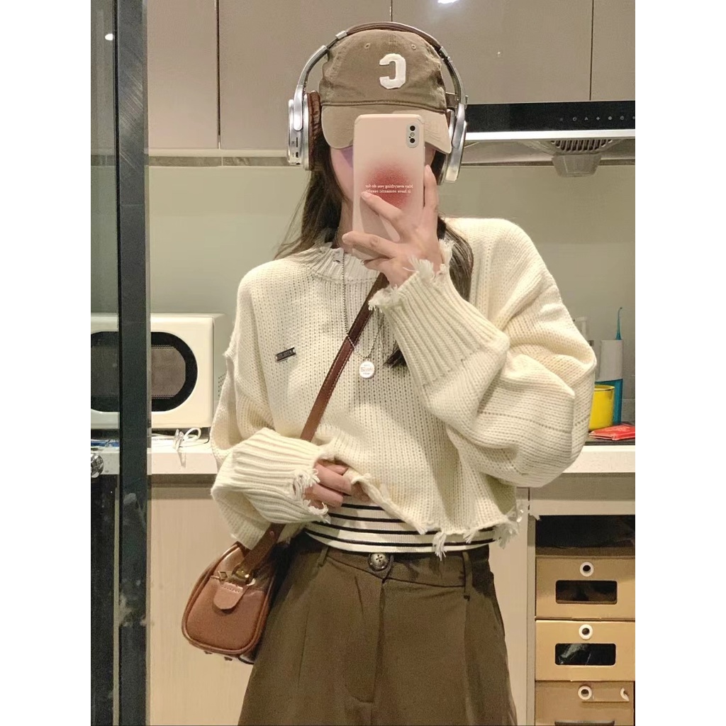 Áo sweater NZN dệt kim tay dài dáng rộng thiết kế rách thời trang cá tính cho nữ