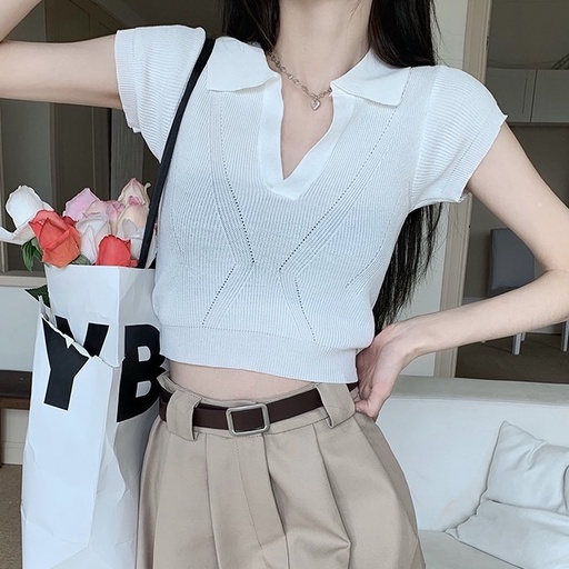 QKOOLE  Áo Croptop Dệt Kim Tay Ngắn Phong Cách Vintage Hàn Quốc
