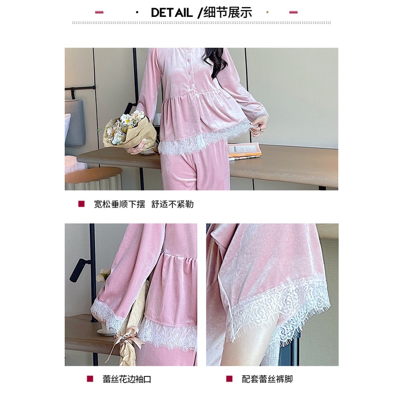 Bộ đồ ngủ tay dài bằng nhung phối ren đẹp mắt giữ ấm thời trang mùa thu