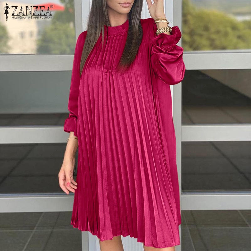 Đầm midi ZANZEA tay phồng cổ chữ O xếp ly phong cách vintage thời trang cho nữ