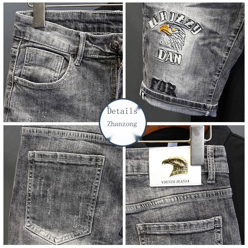 Quần Short Jean Lưng Vừa Dáng Ôm Thiết Kế Rách Thêu Họa Tiết Thời Trang Cá Tính Cho Nam