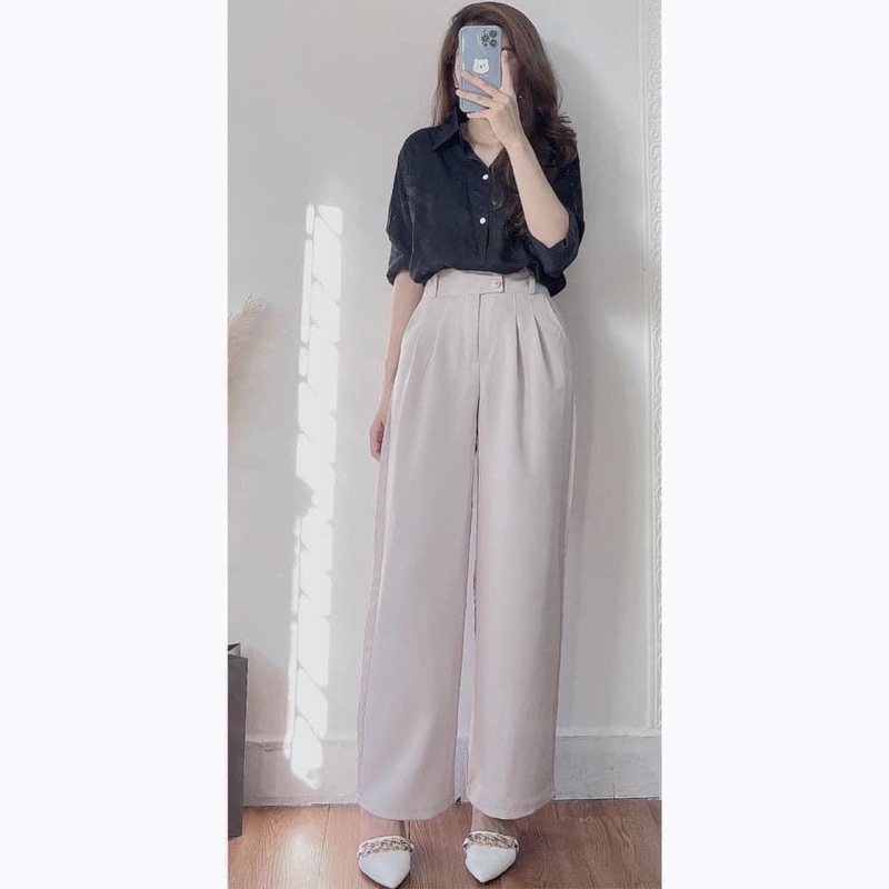 Quần tây 2 cúc cạp cao ống rộng cài khuy lệch