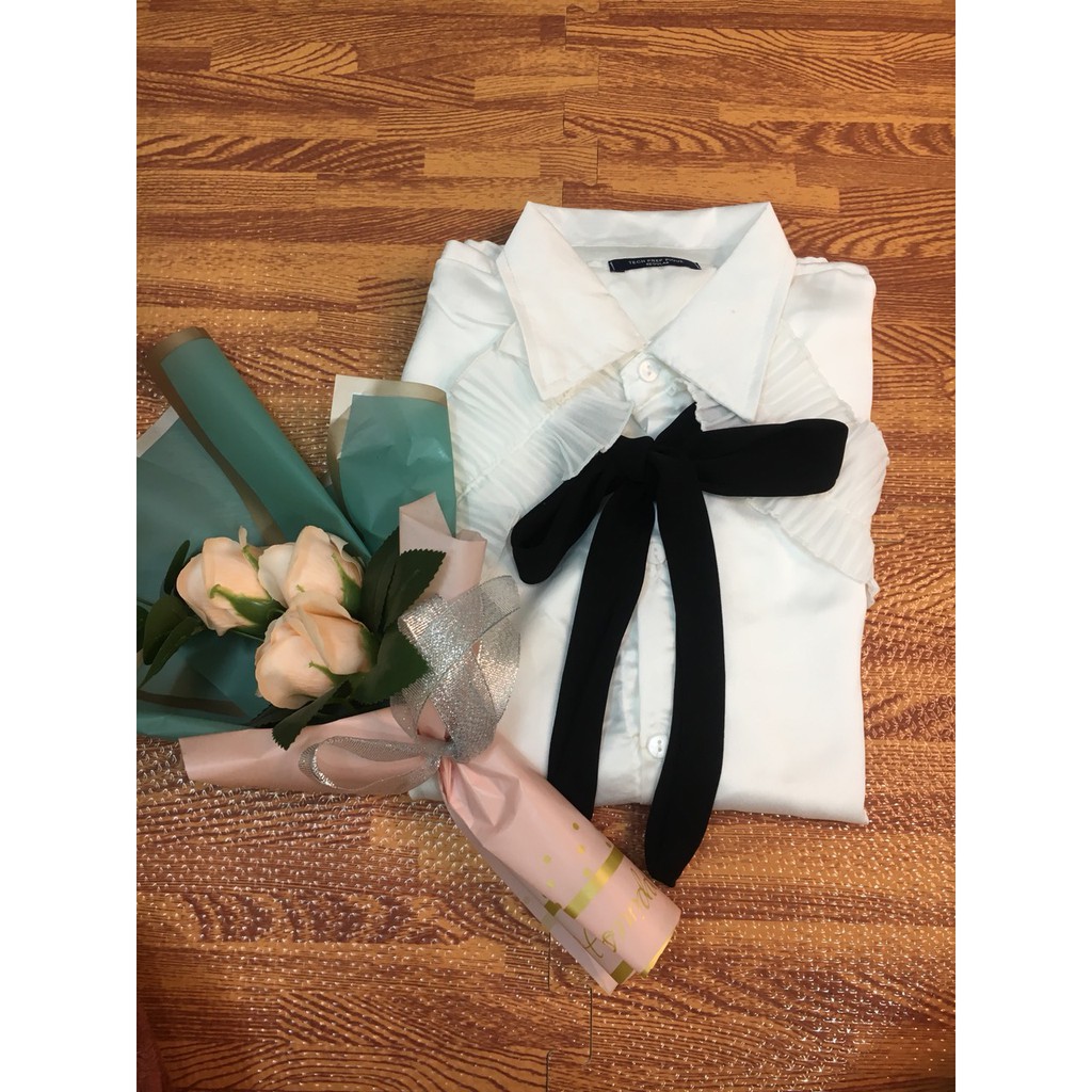 Áo sơ mi trắng Kimdesign, Áo nữ tay dài xếp bèo nơ đen freesize QATE A4 | BigBuy360 - bigbuy360.vn