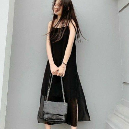Đầm vôn phôm suông  dáng dài quá gối xẻ tà 2 lớp đẹp