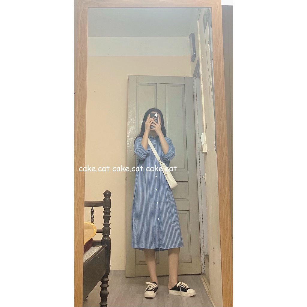 [VIDEO/ ẢNH THẬT] Đầm Váy Sơ Mi Kẻ Sọc Kèm Đai Thoáng Mát Mùa Thu Hàn Quốc | BigBuy360 - bigbuy360.vn