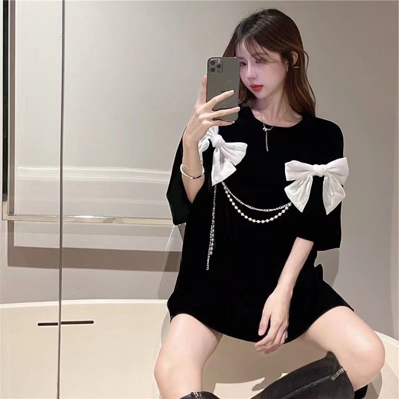 Áo Thun Tay Ngắn Dáng Rộng Mùa Hè Thiết Kế Thắt Nơ Dây Xích Phong Cách Hàn Quốc Mới Cho Nữ