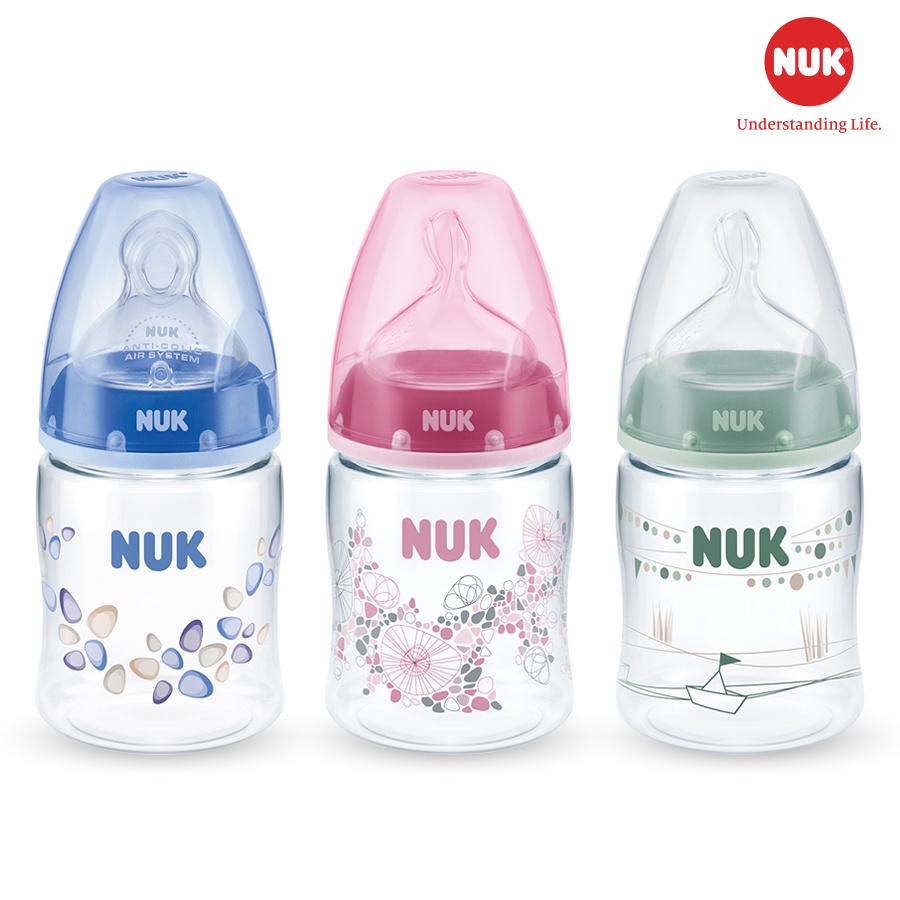 Bình sữa cổ rộng NUK nhựa PA 150ml núm ti Silicone S1 - M chỉnh nha chống sặc chống đầy hơi