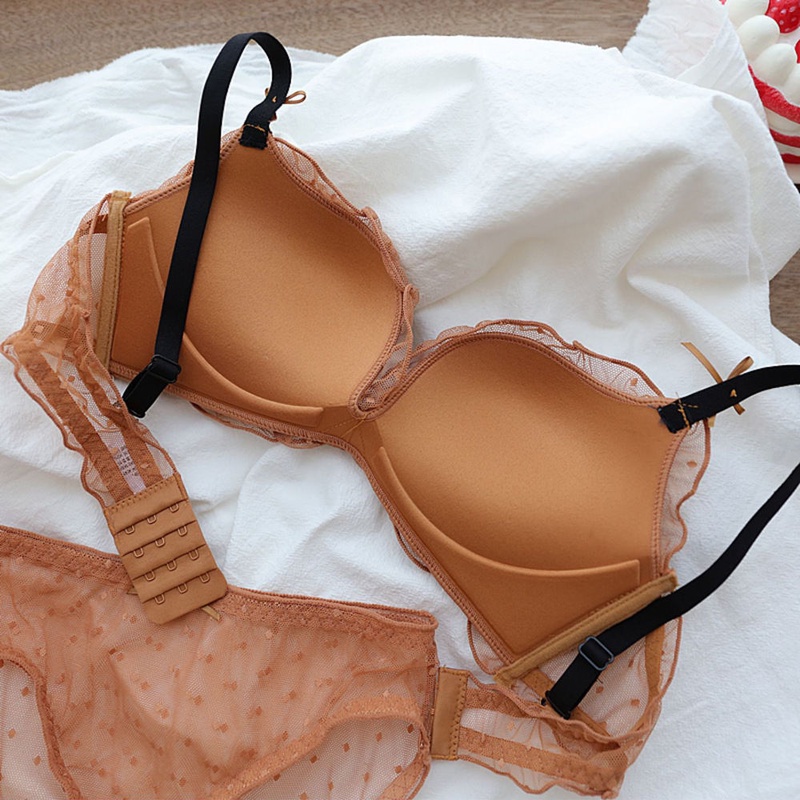 Áo Lót Không Gọng Không Đường May Hoa Văn Chấm Bi Phối Lưới Thời Trang