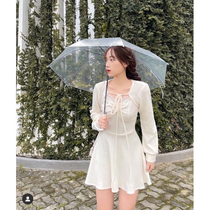 SET ĐẦM TRẮNG NHÍU GẮN NÚT + ÁO KHOÁC CROPTOP TRẮNG