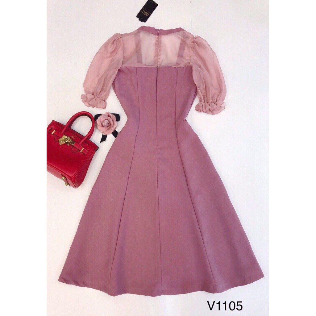 Gunkaymatter Đầm Xòe Cổ Vuông Tay Phối Lưới Cài Bông Ngực Siêu Xinh Chất Liệu Umi Phối Lưới Thời Trang Nữ Thiết Kế