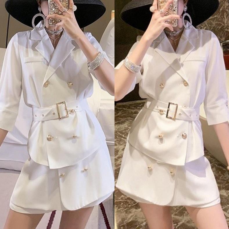 SET ĐỒ NỮ QUẢNG CHÂU CAO CẤP, ÁO KIỂU NỮ HÀN QUỐC CỔ VEST TAY LỠ, KÈM ĐAI VÁY, QUẦN SHORT NỮ ỐNG RỘNG, CHẤT KAKI LỤA 😍 '