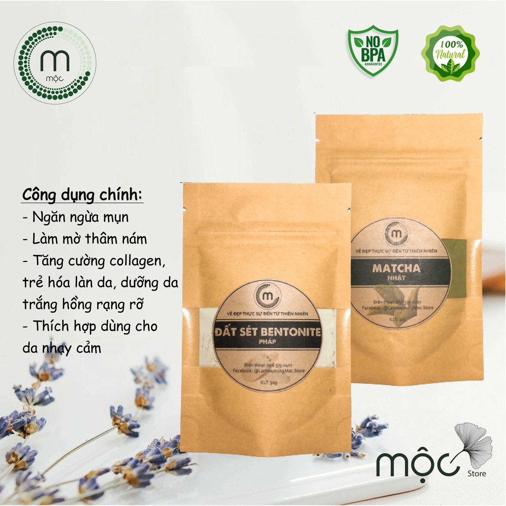 Combo bột Trà Xanh Matcha - Đất Sét Bentonite đắp mặt nạ cho da nhạy cảm túi 30g handmade