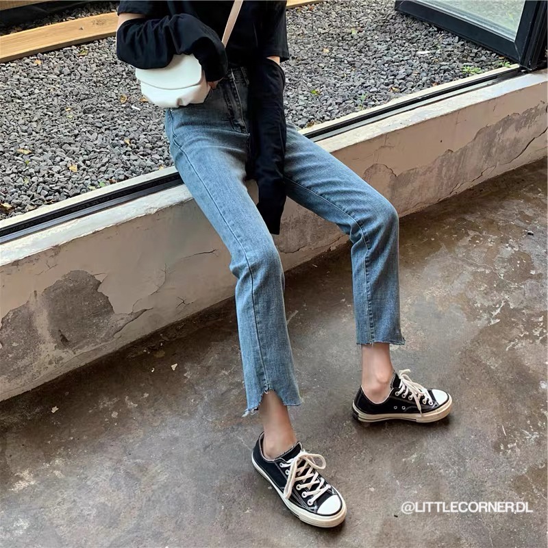 [Rẻ vô địch] Quần jeans nữ ống suông gấu cắt vuông lưng cao có BIGSIZE 2 màu quảng châu kèm ảnh thật hàng sẵn