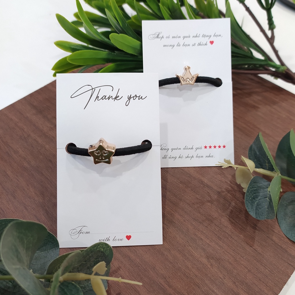 Dây buộc tóc hình dễ thương ánh vàng kèm thiệp cảm ơn, dây cột tóc