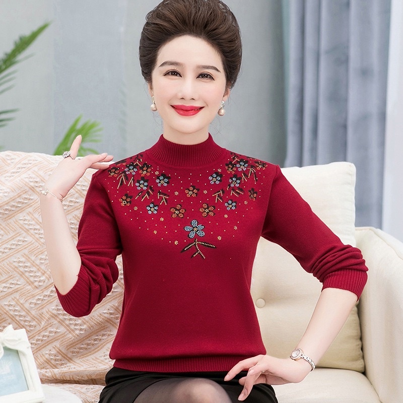Áo len trung niên nữ, Áo ấm thu đông cổ cao, Chất Liệu len dệt kim mềm mịn phối hoa, Phong cách sang trọng thanh lịch