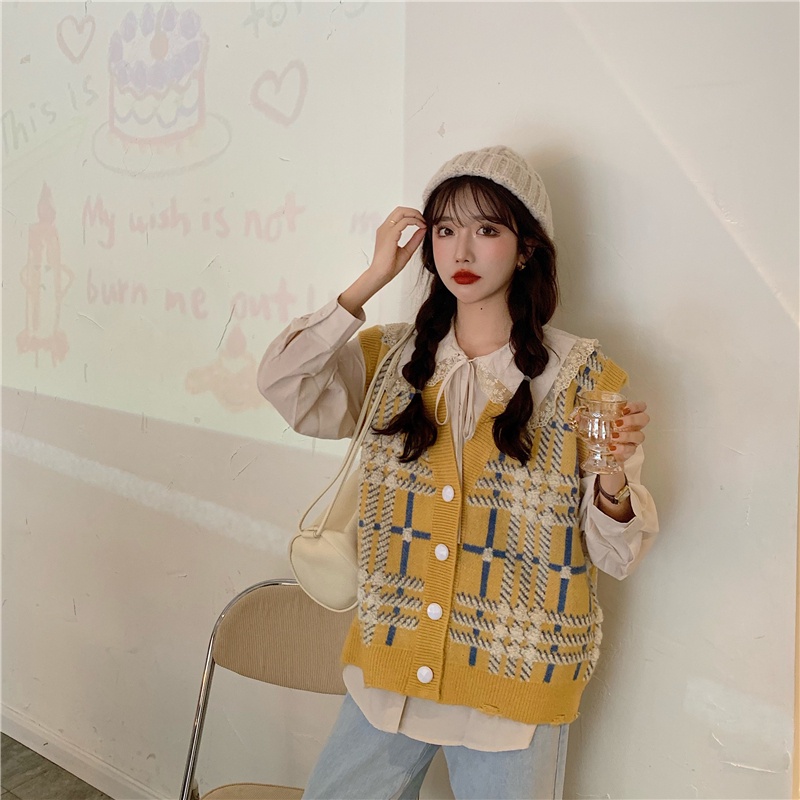 Áo Dệt Kim Cổ Chữ V Họa Tiết Sọc Caro Phong Cách Cổ Điển Thời Trang Thu Đông Hàng Mới