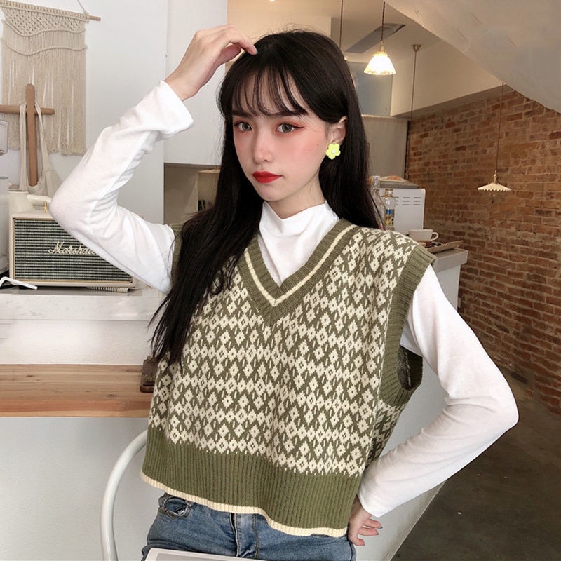 Áo len không tay cổ chữ v dáng rộng thời trang thu đông 2021