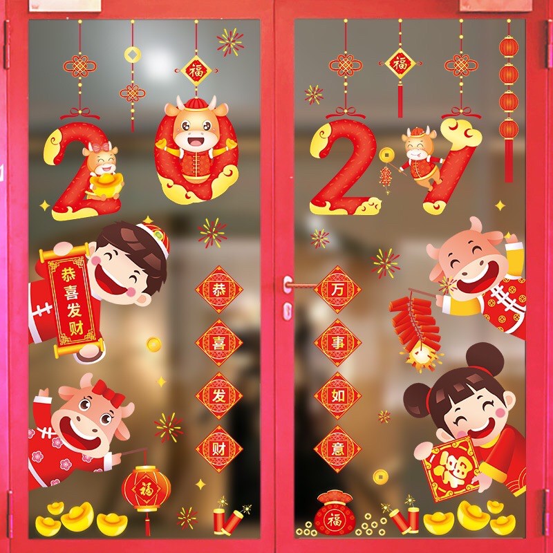 Decal Tết HÍT TĨNH ĐIỆN - 2021 mỏng phối 4 bạn chào xuân (2 tấm )