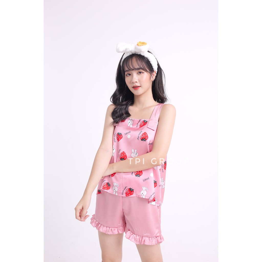 Bộ ngủ lụa satin hai dây quần bèo cao cấp