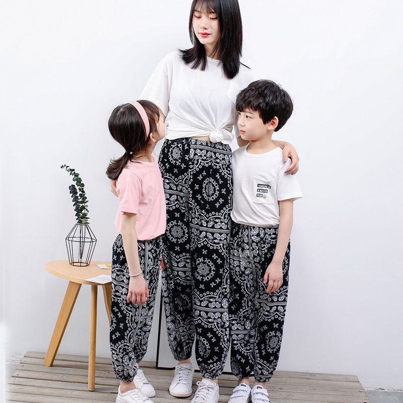 Quần Ngủ Cotton Lụa Ống Rộng Chống Muỗi In Họa Tiết Hoạt Hình Cho Mẹ Và Bé Kích Thước 110-xxl