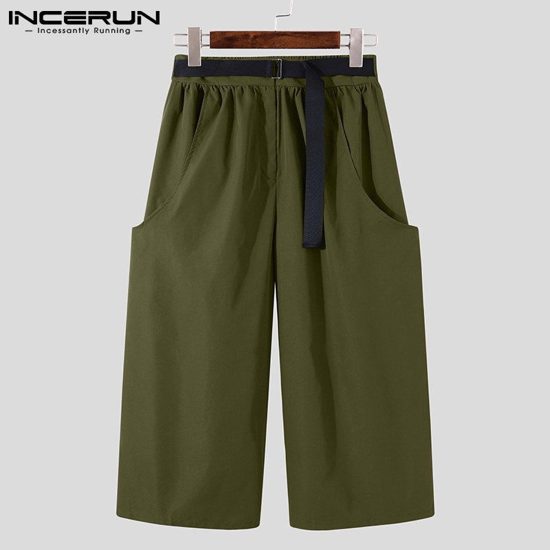 Quần INCERUN ống rộng eo có thắt lưng phong cách vintage thời trang cho nam