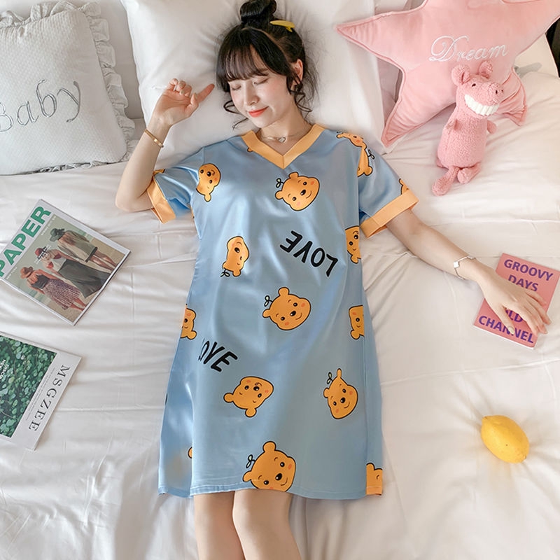 Bộ đồ ngủ ngắn tay bằng lụa mát thiết kế quyến rũ phong cách hàn quốc | BigBuy360 - bigbuy360.vn