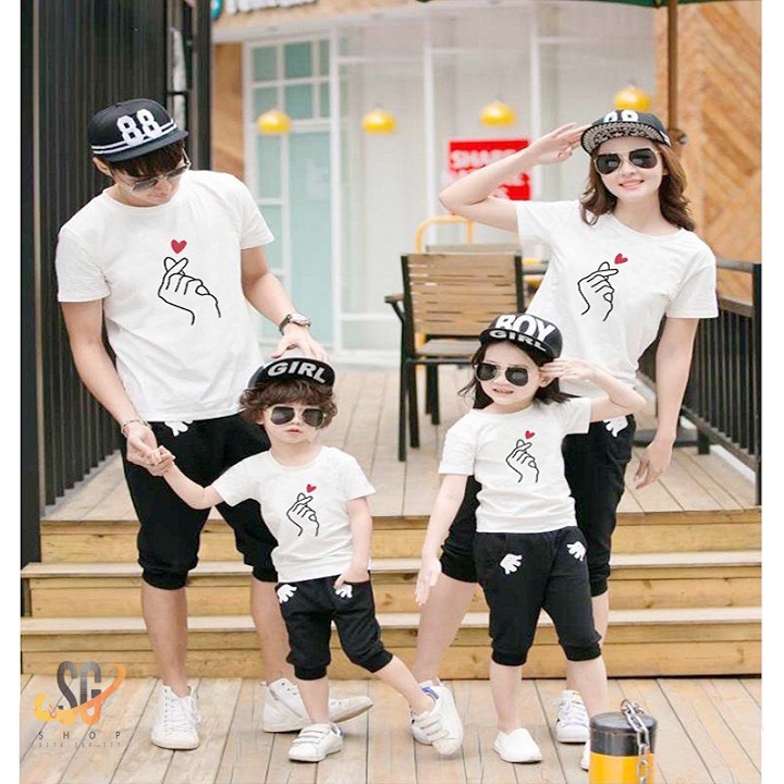 Áo gia đình mẫu bắn tim màu trắng đồng phục gia đình 3/4/5 người thun cotton dày dặn GD309T