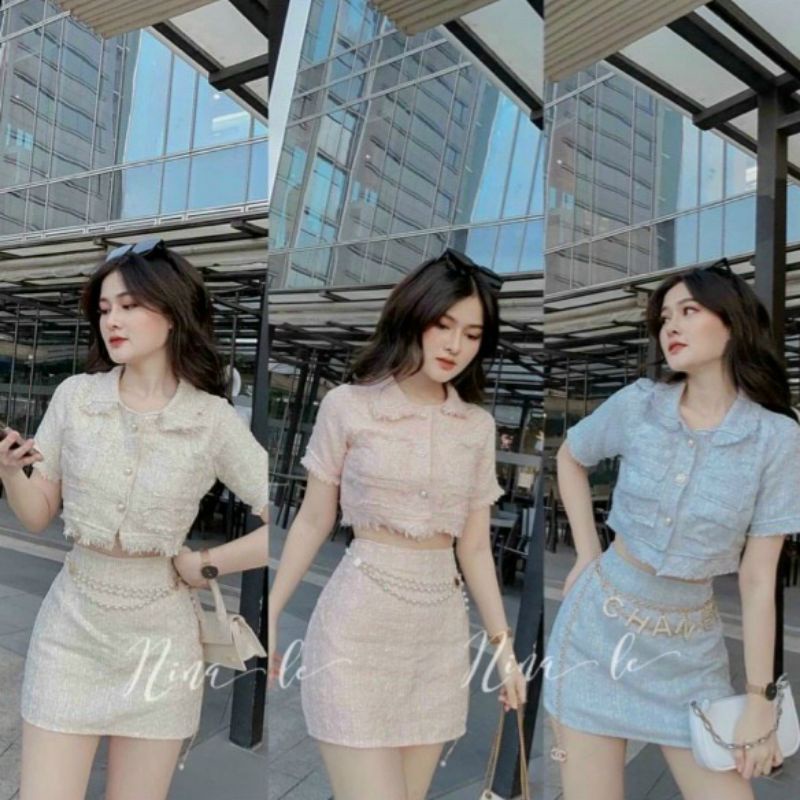 Set dạ áo cổ sen + chân váy