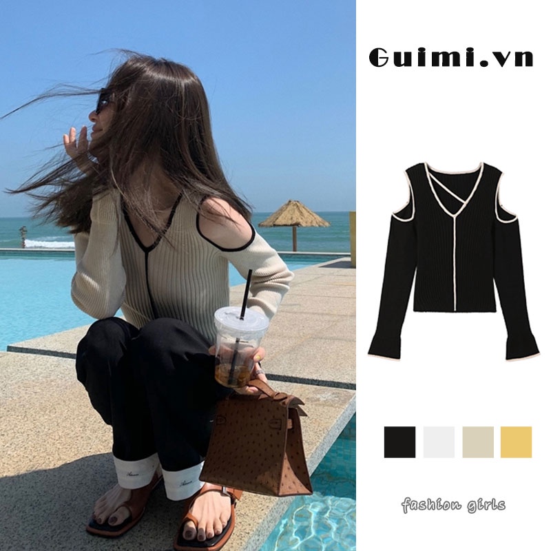 NZN Áo Sweater Dệt Kim Tay Dài Trễ Vai Cổ Chữ V Phong Cách Hàn Quốc Với 3 Màu Lựa