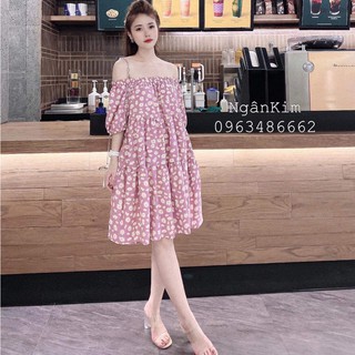 váy suông hoa cúc trễ vai 3 tầng chất đũi lụa