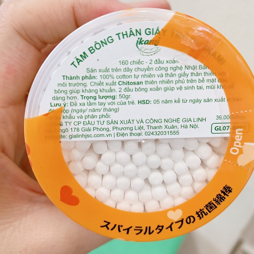 Hộp 160 que Tăm bông trẻ em Ikami vàng, Bông ngoáy tai sơ sinh thân giấy Ikami 2 đầu xoắn