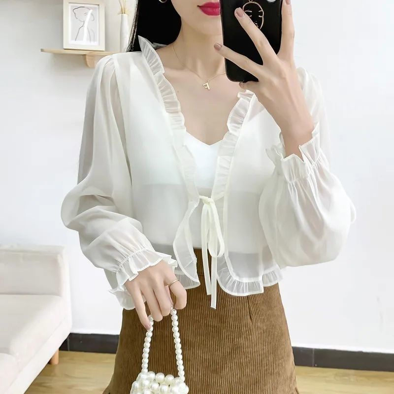 Áo Khoác Cardigan Ngắn Vải Chiffon Mặc Ngoài Dễ Phối Đồ Thời Trang Cho Nữ