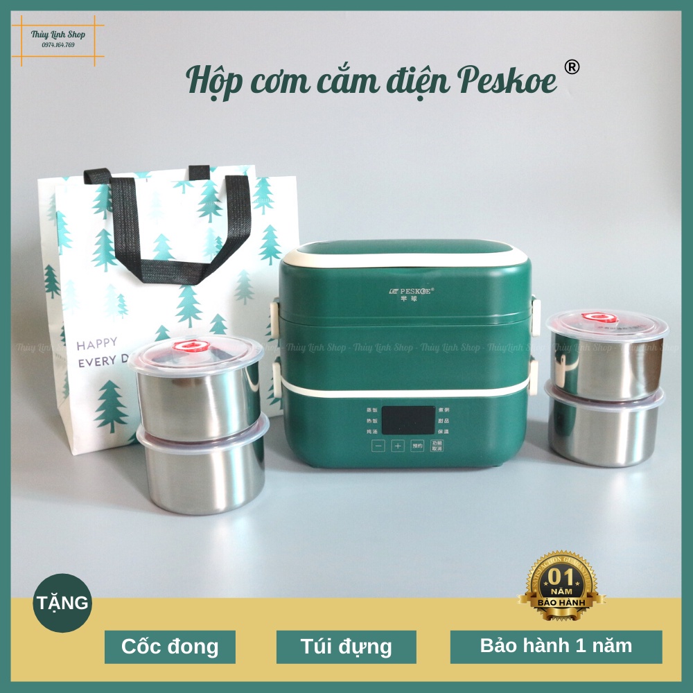 [BẢO HÀNH 1 NĂM] - HỘP CƠM CẮM ĐIỆN PESKOE-4 NGĂN INOX CAO CẤP-DUNG TÍCH 2L-HÂM NÓNG, NẤU THỨC ĂN HIỆN ĐẠI